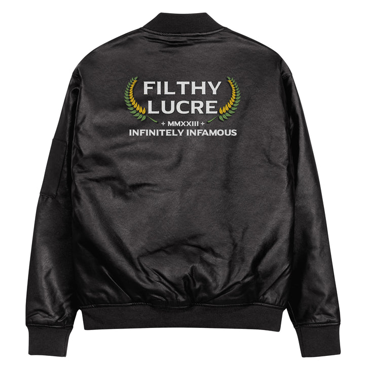 INFINITELY INFAMOUS INAUGURAL FAUX LEATHER BOMBER JACKET